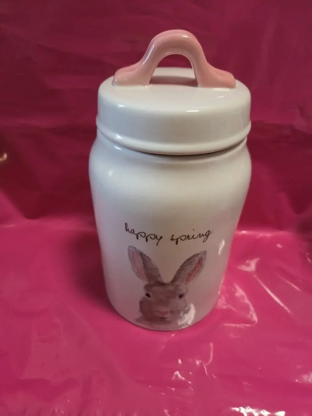 Rae Dunn HAPPY SPRING Canister Magenta Pink Handle Bunny Rabbit 2017 8.5”H X 4.5